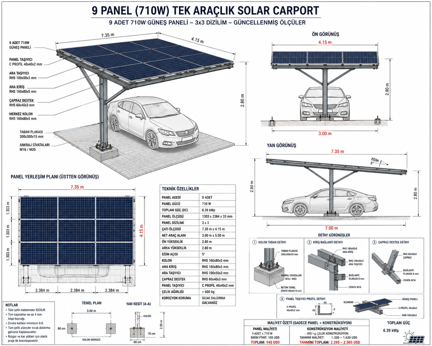 9 Panel (710W) Tek Araçlık Solar Carport